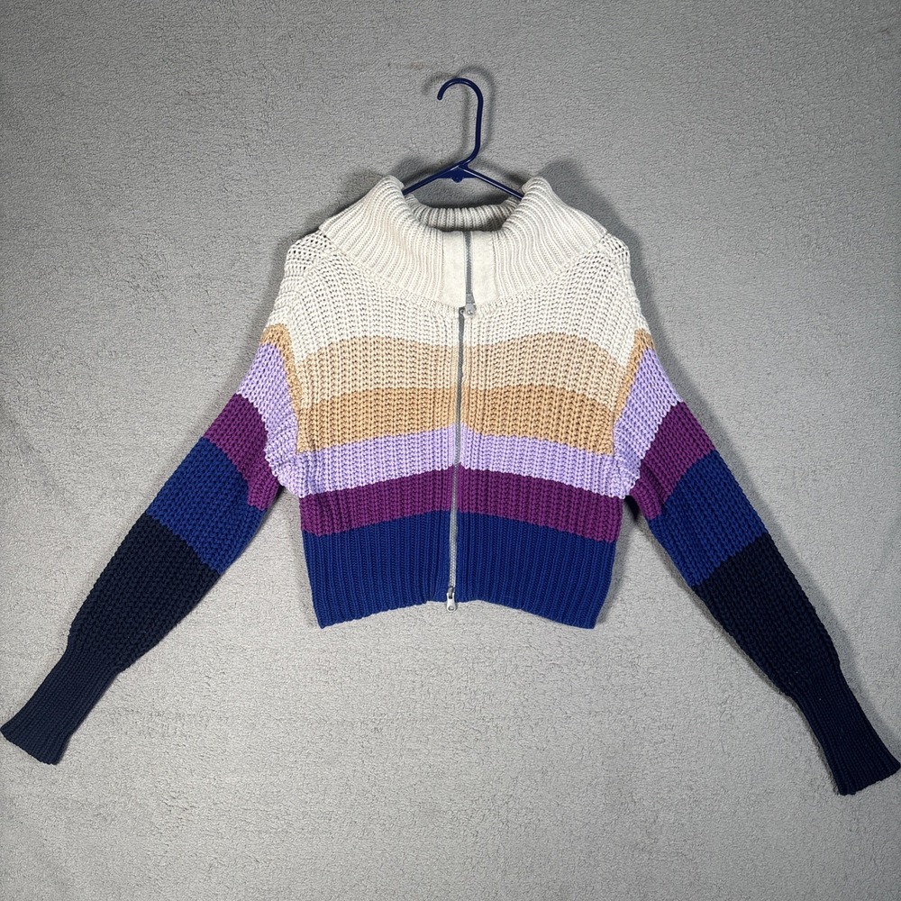 Aerie Womens XS Full Zip Cropped Sweater Chunky Knit Colorblock Stripe ZPZTW58D